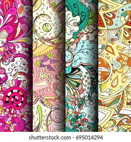 Set of tracery colorful seamless patterns. Vertical stripes. Curved doodling backgrounds for textile or printing with mehndi and ethnic motives. Vector