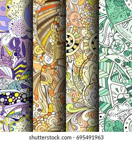 Set of tracery colorful seamless patterns. Vertical stripes. Curved doodling backgrounds for textile or printing with mehndi and ethnic motives. Vector