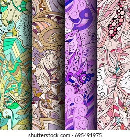 Set of tracery colorful seamless patterns. Vertical stripes. Curved doodling backgrounds for textile or printing with mehndi and ethnic motives. Vector