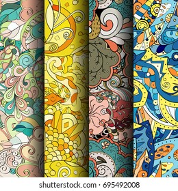 Set of tracery colorful seamless patterns. Vertical stripes. Curved doodling backgrounds for textile or printing with mehndi and ethnic motives. Vector