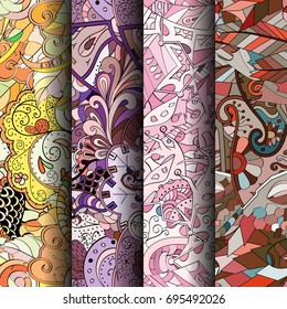 Set of tracery colorful seamless patterns. Vertical stripes. Curved doodling backgrounds for textile or printing with mehndi and ethnic motives. Vector