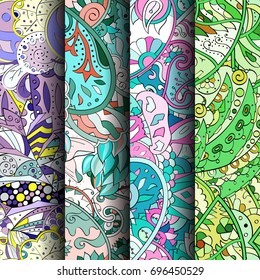 Set of tracery colorful seamless patterns. Vertical stripes. Curved doodling backgrounds for textile or printing with mehndi and ethnic motives. Vector