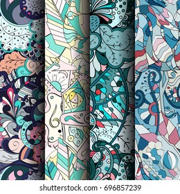 Set of tracery colorful seamless patterns. Vertical stripes. Curved doodling backgrounds for textile or printing with mehndi and ethnic motives. Vector