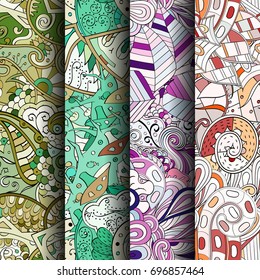 Set of tracery colorful seamless patterns. Vertical stripes. Curved doodling backgrounds for textile or printing with mehndi and ethnic motives. Vector