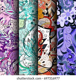 Set of tracery colorful seamless patterns. Vertical stripes. Curved doodling backgrounds for textile or printing with mehndi and ethnic motives. Vector