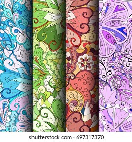 Set of tracery colorful seamless patterns. Vertical stripes. Curved doodling backgrounds for textile or printing with mehndi and ethnic motives. Vector