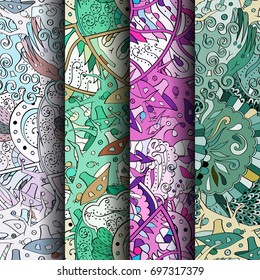 Set of tracery colorful seamless patterns. Vertical stripes. Curved doodling backgrounds for textile or printing with mehndi and ethnic motives. Vector