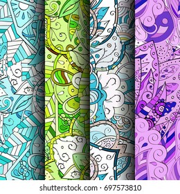 Set of tracery colorful seamless patterns. Vertical stripes. Curved doodling backgrounds for textile or printing with mehndi and ethnic motives. Vector