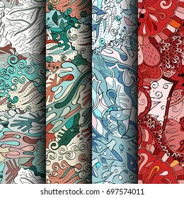 Set of tracery colorful seamless patterns. Vertical stripes. Curved doodling backgrounds for textile or printing with mehndi and ethnic motives. Vector
