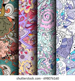 Set of tracery colorful seamless patterns. Vertical stripes. Curved doodling backgrounds for textile or printing with mehndi and ethnic motives. Vector