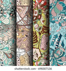 Set of tracery colorful seamless patterns. Vertical stripes. Curved doodling backgrounds for textile or printing with mehndi and ethnic motives. Vector