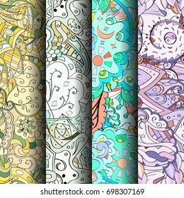 Set of tracery colorful seamless patterns. Vertical stripes. Curved doodling backgrounds for textile or printing with mehndi and ethnic motives. Vector