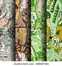 Set of tracery colorful seamless patterns. Vertical stripes. Curved doodling backgrounds for textile or printing with mehndi and ethnic motives. Vector
