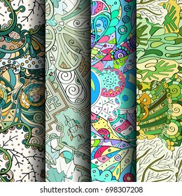 Set of tracery colorful seamless patterns. Vertical stripes. Curved doodling backgrounds for textile or printing with mehndi and ethnic motives. Vector