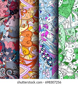 Set of tracery colorful seamless patterns. Vertical stripes. Curved doodling backgrounds for textile or printing with mehndi and ethnic motives. Vector
