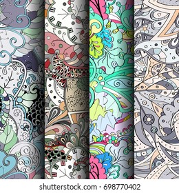 Set of tracery colorful seamless patterns. Vertical stripes. Curved doodling backgrounds for textile or printing with mehndi and ethnic motives. Vector