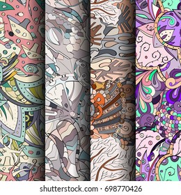 Set of tracery colorful seamless patterns. Vertical stripes. Curved doodling backgrounds for textile or printing with mehndi and ethnic motives. Vector