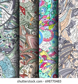 Set of tracery colorful seamless patterns. Vertical stripes. Curved doodling backgrounds for textile or printing with mehndi and ethnic motives. Vector