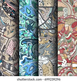 Set of tracery colorful seamless patterns. Vertical stripes. Curved doodling backgrounds for textile or printing with mehndi and ethnic motives. Vector