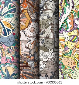 Set of tracery colorful seamless patterns. Vertical stripes. Curved doodling backgrounds for textile or printing with mehndi and ethnic motives. Vector