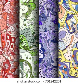 Set of tracery colorful seamless patterns. Vertical stripes. Curved doodling backgrounds for textile or printing with mehndi and ethnic motives. Vector
