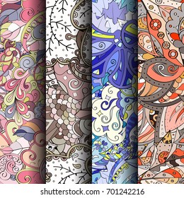 Set of tracery colorful seamless patterns. Vertical stripes. Curved doodling backgrounds for textile or printing with mehndi and ethnic motives. Vector