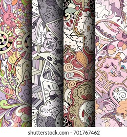 Set of tracery colorful seamless patterns. Vertical stripes. Curved doodling backgrounds for textile or printing with mehndi and ethnic motives. Vector