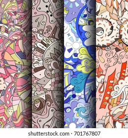 Set of tracery colorful seamless patterns. Vertical stripes. Curved doodling backgrounds for textile or printing with mehndi and ethnic motives. Vector