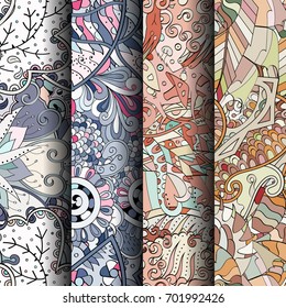 Set of tracery colorful seamless patterns. Vertical stripes. Curved doodling backgrounds for textile or printing with mehndi and ethnic motives. Vector