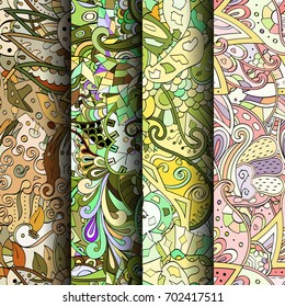 Set of tracery colorful seamless patterns. Vertical stripes. Curved doodling backgrounds for textile or printing with mehndi and ethnic motives. Vector