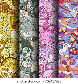 Set of tracery colorful seamless patterns. Vertical stripes. Curved doodling backgrounds for textile or printing with mehndi and ethnic motives. Vector