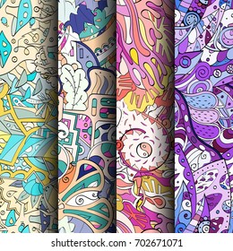 Set of tracery colorful seamless patterns. Vertical stripes. Curved doodling backgrounds for textile or printing with mehndi and ethnic motives. Vector