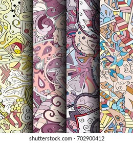 Set of tracery colorful seamless patterns. Vertical stripes. Curved doodling backgrounds for textile or printing with mehndi and ethnic motives. Vector