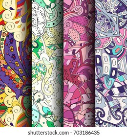 Set of tracery colorful seamless patterns. Vertical stripes. Curved doodling backgrounds for textile or printing with mehndi and ethnic motives. Vector