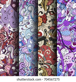 Set of tracery colorful seamless patterns. Vertical stripes. Curved doodling backgrounds for textile or printing with mehndi and ethnic motives. Vector