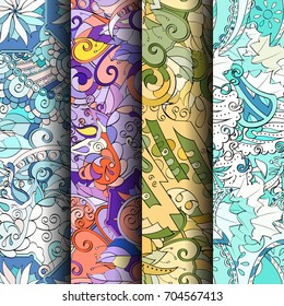 Set of tracery colorful seamless patterns. Vertical stripes. Curved doodling backgrounds for textile or printing with mehndi and ethnic motives. Vector