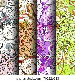Set of tracery colorful seamless patterns. Vertical stripes. Curved doodling backgrounds for textile or printing with mehndi and ethnic motives. Vector