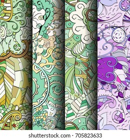 Set of tracery colorful seamless patterns. Vertical stripes. Curved doodling backgrounds for textile or printing with mehndi and ethnic motives. Vector