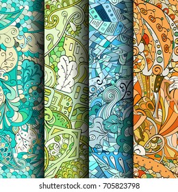 Set of tracery colorful seamless patterns. Vertical stripes. Curved doodling backgrounds for textile or printing with mehndi and ethnic motives. Vector