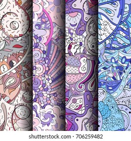 Set of tracery colorful seamless patterns. Vertical stripes. Curved doodling backgrounds for textile or printing with mehndi and ethnic motives. Vector