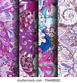 Set of tracery colorful seamless patterns. Vertical stripes. Curved doodling backgrounds for textile or printing with mehndi and ethnic motives. Vector