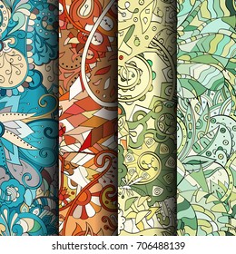 Set of tracery colorful seamless patterns. Vertical stripes. Curved doodling backgrounds for textile or printing with mehndi and ethnic motives. Vector