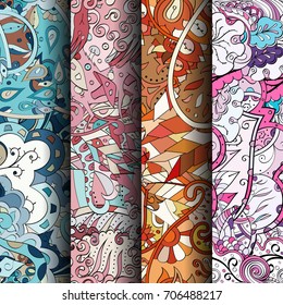 Set of tracery colorful seamless patterns. Vertical stripes. Curved doodling backgrounds for textile or printing with mehndi and ethnic motives. Vector