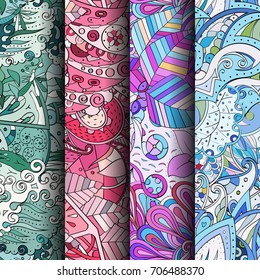 Set of tracery colorful seamless patterns. Vertical stripes. Curved doodling backgrounds for textile or printing with mehndi and ethnic motives. Vector