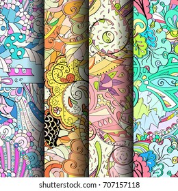 Set of tracery colorful seamless patterns. Vertical stripes. Curved doodling backgrounds for textile or printing with mehndi and ethnic motives. Vector