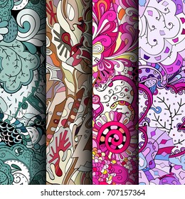 Set of tracery colorful seamless patterns. Vertical stripes. Curved doodling backgrounds for textile or printing with mehndi and ethnic motives. Vector