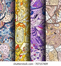 Set of tracery colorful seamless patterns. Vertical stripes. Curved doodling backgrounds for textile or printing with mehndi and ethnic motives. Vector