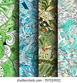 Set of tracery colorful seamless patterns. Vertical stripes. Curved doodling backgrounds for textile or printing with mehndi and ethnic motives. Vector