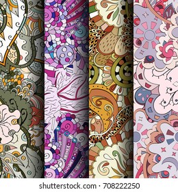Set of tracery colorful seamless patterns. Vertical stripes. Curved doodling backgrounds for textile or printing with mehndi and ethnic motives. Vector