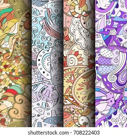 Set of tracery colorful seamless patterns. Vertical stripes. Curved doodling backgrounds for textile or printing with mehndi and ethnic motives. Vector